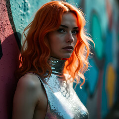 A woman with orange hair stands in front of graffiti wearing a futuristic outfit