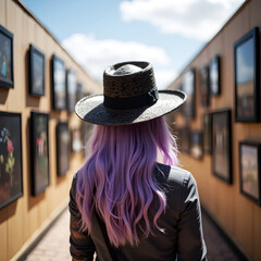 A woman with pink hair and a hat looking at paintings in a gallery
