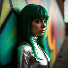 Woman in Metallic Outfit with Green Hair by Colorful Graffiti Wall