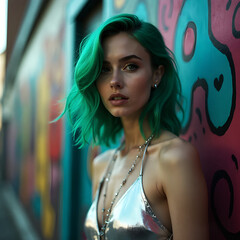 Young Woman with Vibrant Green Hair in Colorful Urban Setting