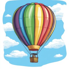 Fototapeta premium A cheerful illustration of a multicolored cartoon hot air balloon floating in a clear blue sky, surrounded by fluffy white clouds, evoking a sense of adventure.