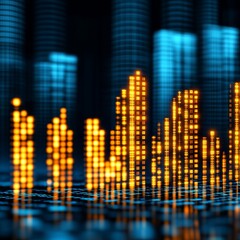 Digital representation of sound waves with glowing blue and orange bars.