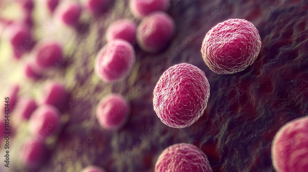 Poster round pink cells with a rough texture adhering to a biological surface, demonstrating cellular struc