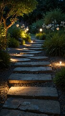 Obraz premium Tranquil garden path with stone stepping stones and ambient lighting.