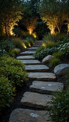 Obraz premium Tranquil garden path with stone stepping stones and ambient lighting.