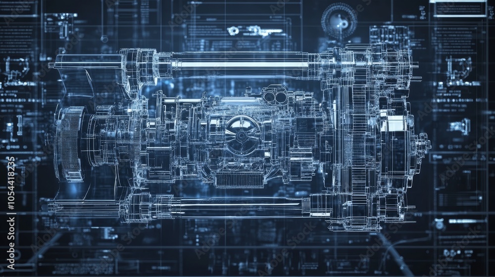 Aufkleber an intricate blueprint illustration depicting a machine engine with detailed technical components, s