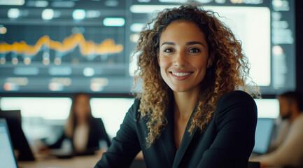 Fototapeta premium A confident young businesswoman smiles in front of a large screen displaying various data charts and graphs.