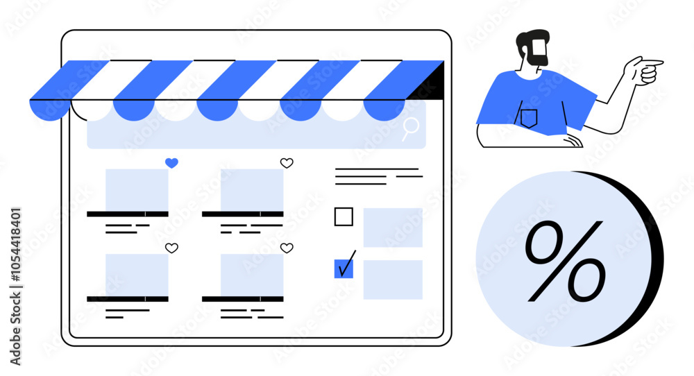 Poster online store webpage showing product listings with a shopping cart and a discount symbol. man pointi