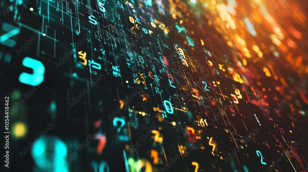 Poster an engaging visual representation of digital data flow, portrayed through cascading numbers on a dar