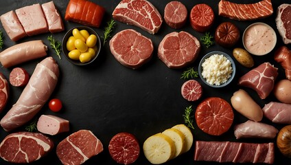 Variety of raw meats on black background