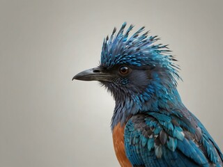 Fototapeta premium Vibrant blue bird with long tail feathers on white background.