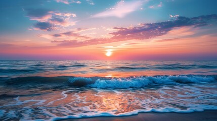 Obraz premium Sunrise over a serene lake, gentle waves and colorful sky