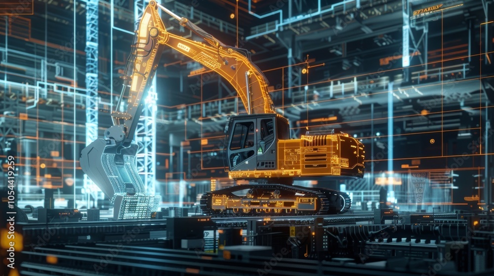 Poster futuristic excavator and its projected hologram showing the internal structure are standing in a sma