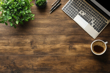 Workspace Inspiration: Cozy Wooden Desk Setup with Laptop and Coffee