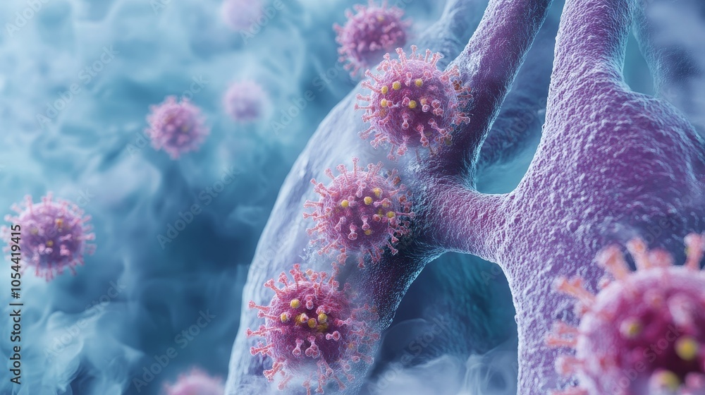 Poster this image depicts a microscopic view of a lung-like structure infected with viruses, highlighting t