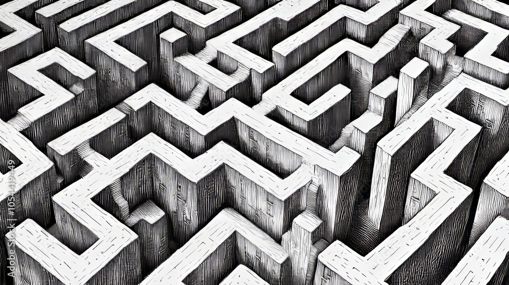 Poster this intricate image features a complex black and white maze, showcasing minimalist design and detai