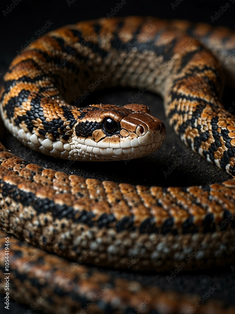 Poster visualize a rattlesnake curled in an s shape against a black background for banner design.