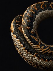 Obraz premium Visualize a rattlesnake curled in an S shape against a black background for banner design.