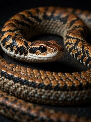 Obraz premium Visualize a rattlesnake curled in an S shape against a black background for banner design.