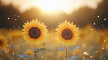 Sunflowers blooming under a golden sunset sky in a vibrant countryside landscape