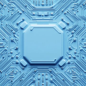 Abstract blue circuit board design with a central processing unit area.