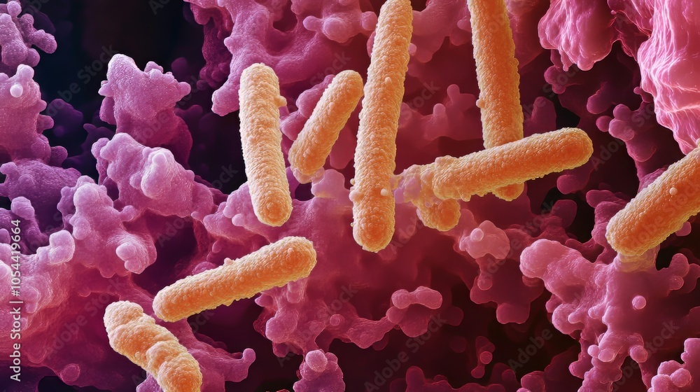 Poster the image presents bacteria interacting in a vibrant pink environment, suggesting dynamic biological