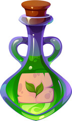 Witch magic potion bottle, Halloween elixir or poison vial features label with green leaves. Cartoon vector magical flask with energy and power of nature, closed with corkwood bung, Alchemy magic brew