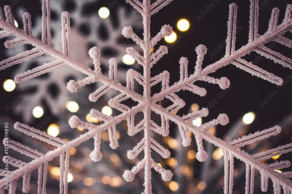 Aufkleber a close up of a white snowflake with a blurred background of warm lights.