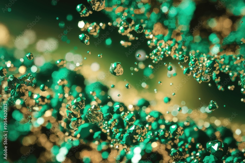 Poster Abstract image of green and gold metallic spheres floating and falling.
