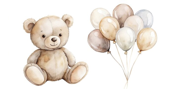 Naklejki Watercolor cute teddy bear holding balloons in gray and beige Asymmetrical style
