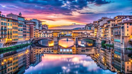 Naklejka premium Ponte Vecchio Bridge, Florence, Italy, Sunset