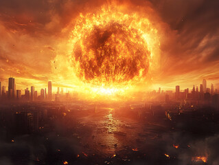 Fototapeta premium Surreal Urban Decay Landscape During Apocalypse with Massive Explosion and Fiery Sky