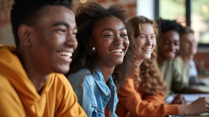 Obraz premium Joyful multiracial young adults engaged in lively conversation and laughter during an afternoon gathering at a cozy café