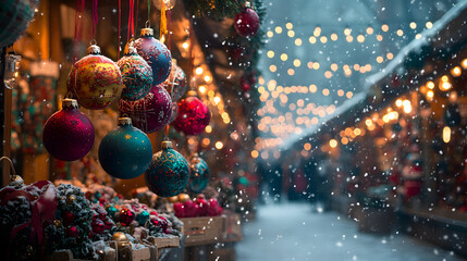 An awesome photography showcasing a vendor's stall selling colorful handcrafted ornaments and wreaths, with the soft glow of string lights overhead and snow gently falling.