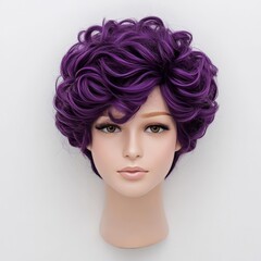 Naklejka premium A stylish purple curly wig displayed on a mannequin head.