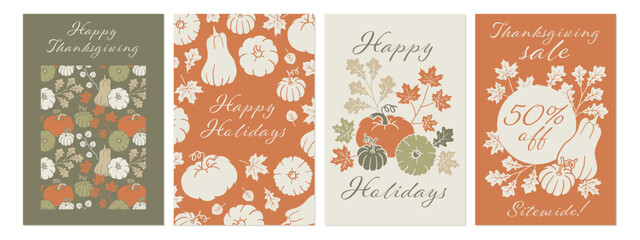Thanksgiving greeting card template set. Holiday postcard background. Nature graphic with pumpkin and fall leaves. Vintage flyer design collection. Boho poster with autumn Halloween illustration.