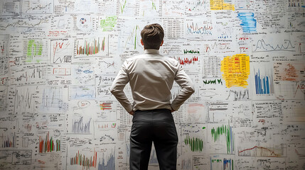 A man stands in front of a wall covered in graphs and charts