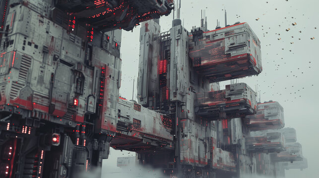 A massive, futuristic industrial structure with red neon accents against a misty, overcast sky