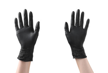 Man wearing black latex gloves on white background, closeup