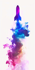 Obraz premium Vibrant rocket launching with abstract blue and purple smoke trails, creating a colorful, ethereal atmosphere