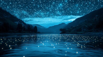 Under a vast night sky, a river sparkles with a digital web of stars, creating a mystical and immersive experience that bridges nature and digital innovation.