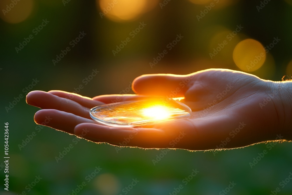 Poster hand holding a small glowing object in nature symbolizing hope warmth and connection with nature fra