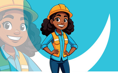Engineering company mascot of a Black girl wearing an engineer helmet, in drawing style.