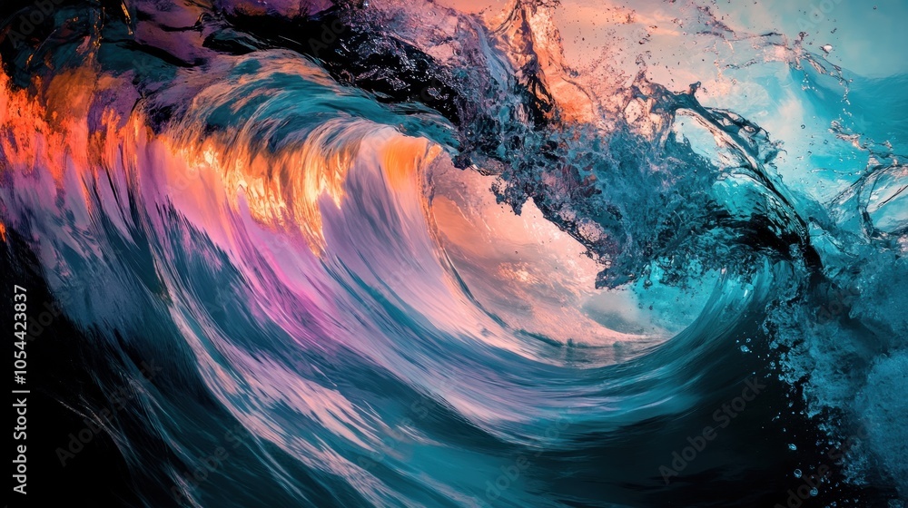 Poster a large wave breaks, creating a colorful and dramatic display of water and foam.