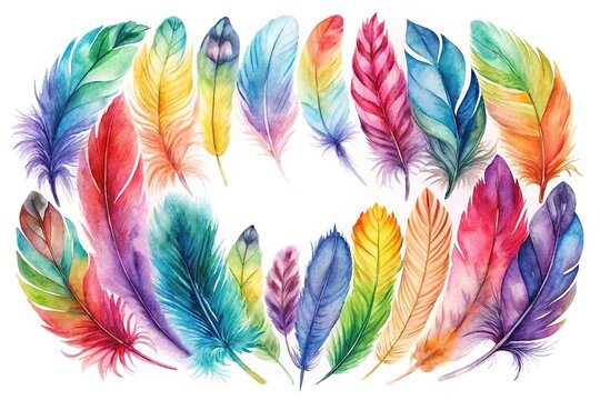 recommend clip art: Watercolor feather clip art on white background with colorful feathers
