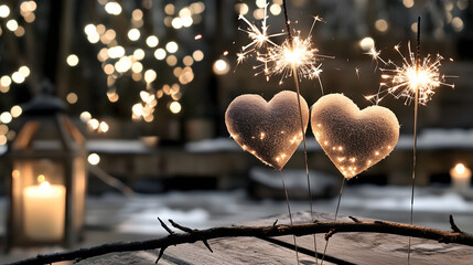 Two sparkling heart-shaped decorations with a romantic atmosphere and candlelight background 