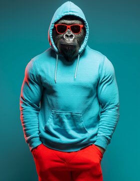 The coolest bodybuilder gorilla man in town wearing a cool hip bluish hoodie and trendy red sunglasses and pants