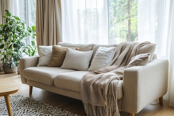 Sunlit living room with a cozy sofa and soft textures evoking comfort and relaxation in a modern nature inspired and stylish home setting