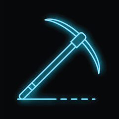 Blue neon glowing pickaxe breaking ground, simple mining concept icon
