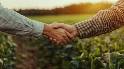 Business handshake between two farmers in a field, representing partnership and collaboration at sunset